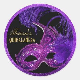 Sticker Rond Masquerade quinceañera anniversaire rose, masque v