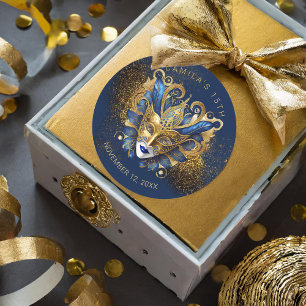 Sticker Rond Masquerade Quinceanera Blue Gold V2 ID1031