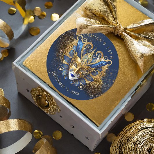 Sticker Rond Masquerade Quinceanera Blue Gold V2 ID1031