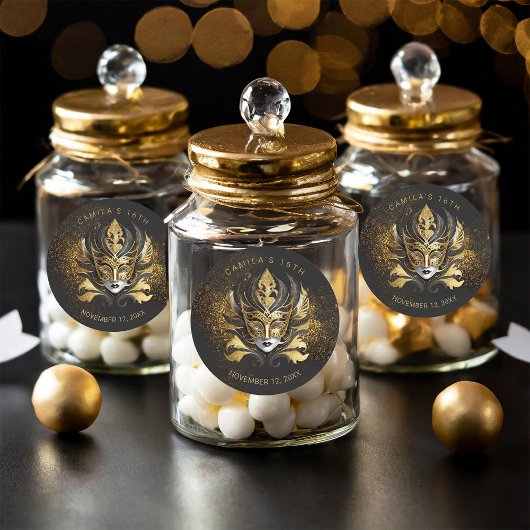 Sticker Rond Masquerade Sweet 16 Black Gold V2 ID1032