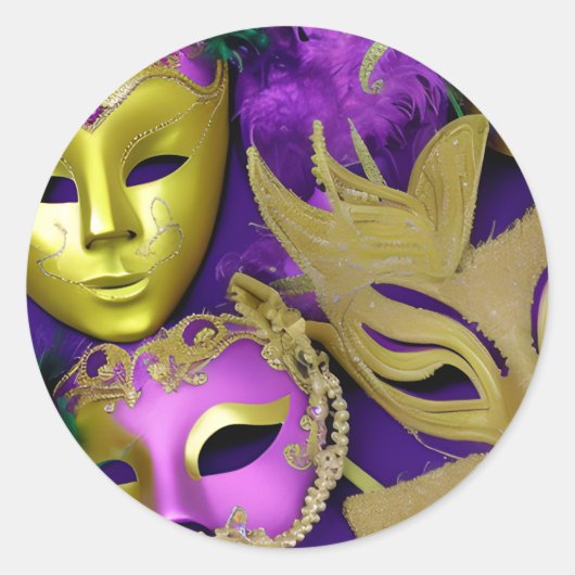 Sticker Rond Masques mardi Gras violet et or mascarade (Devant)