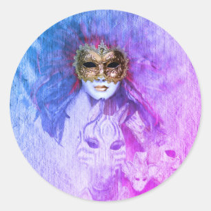 Sticker Rond Masques vénitiens, Carnaval, Art vintage - Italie