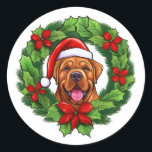 Sticker Rond Mastiff Christmas Wreath<br><div class="desc">Ajoutez une touche festive à votre correspondance de vacances avec nos étiquettes de couronne de Noël Mastiff festifs! Ces charmants étiquettes arborent l'illustration éclatante d'une couronne verte de Noël, avec au centre l'adorable visage souriant d'un Mastiff portant un chapeau de Père Noël rouge gai. Parfaits pour les amoureux de les...</div>