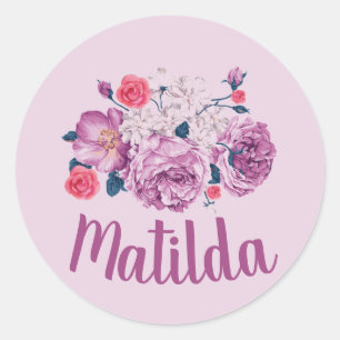 Sticker Rond Matilda Nom Floral Personnalisé Fleur Fille Vintag