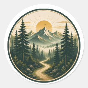 Sticker Rond Matin calme de montagne Forêt vintage au lever d