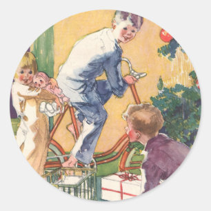 Sticker Rond Matin de Noël vintage, enfants avec des cadeaux