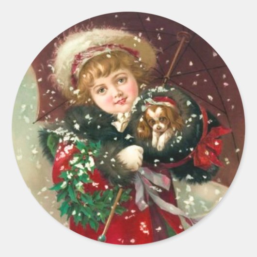 Sticker Rond Maud Humphrey's Winter Girl with dog (Devant)