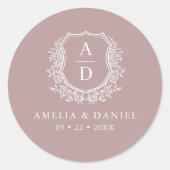 Sticker Rond Mauve Crest Mariage de monogramme moderne (Devant)