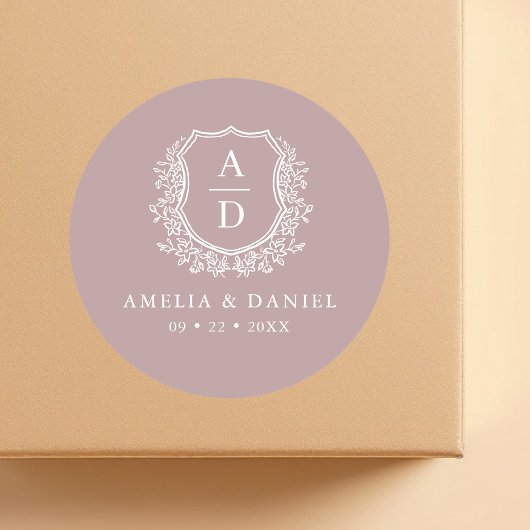 Sticker Rond Mauve Crest Mariage de monogramme moderne