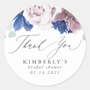 Sticker Rond Mauve et fleurs bleues marine Merci
