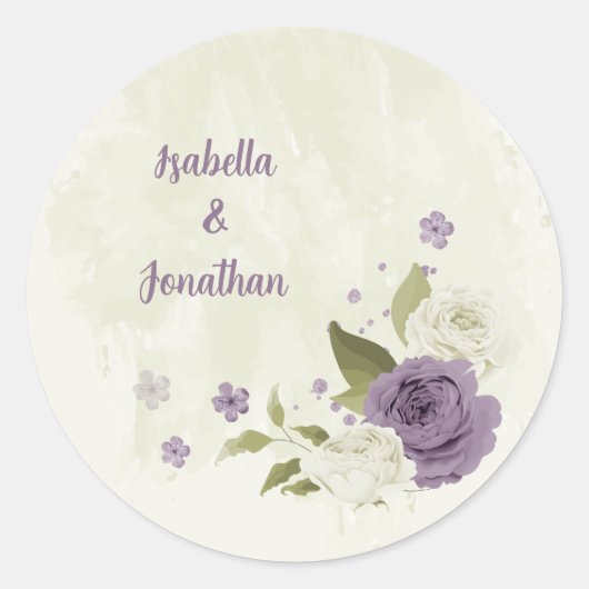 Sticker Rond mauve fleurs blanches verdure mariage (Devant)