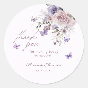 Sticker Rond Mauve Purple Papillon Fête des mariées Merci