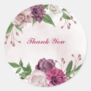 Sticker Rond mauve rose fleurs blanches merci