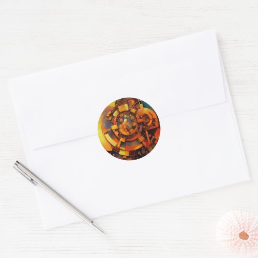 Sticker Rond Mécanisme Solaire Steampunk Abstrait (Enveloppe)