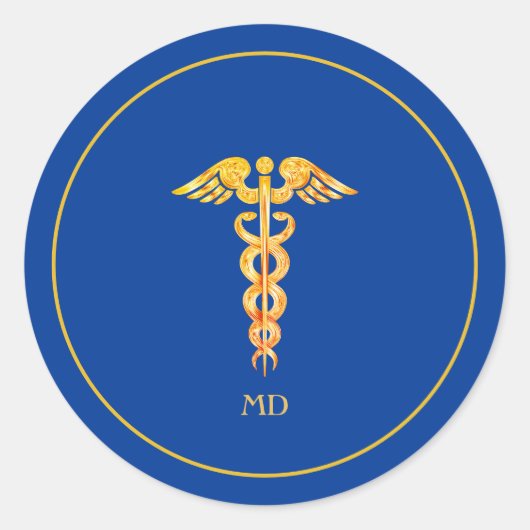 Sticker Rond Médecin Monogramme & Doré sur Fond Bleu (Devant)