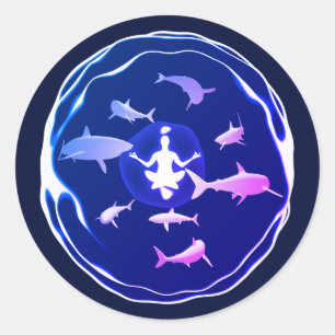 Sticker Rond Méditation sous-marine Natation avec requins