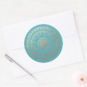 Sticker Rond Méditation Yoga Instructeur Vert Bleu Or Mandala (Enveloppe)