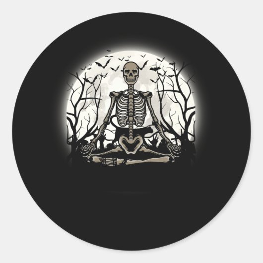 Sticker Rond Méditer Skeleton Yoga Lover Halloween Coût Lune (Devant)