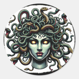 Sticker Rond Medusa face verte pleine de serpents
