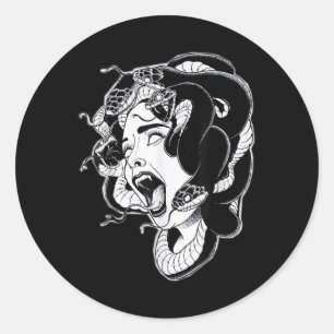Sticker Rond Méduse Blackwork Tattoo Flash