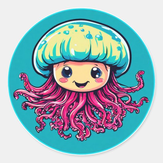 Sticker Rond Méduse de dessin animé souriante, cadeau amusant s (Devant)
