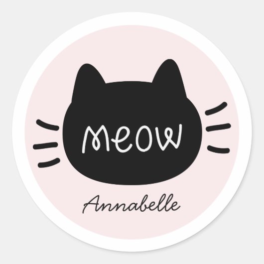 Sticker Rond Mee Chat noir visage rose Nom (Devant)