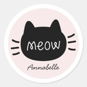 Sticker Rond Mee Chat noir visage rose Nom