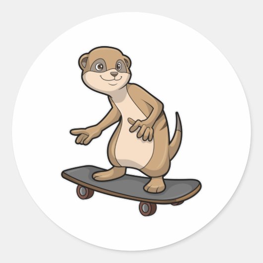 Sticker Rond Meerkat comme Patineur avec Skateboard (Devant)