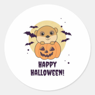 Sticker Rond Meerkat En Citrouille Mets Animaux Joyeux Hallowee