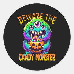 Sticker Rond Méfiez-vous du mignon monstre d'Halloween Candy