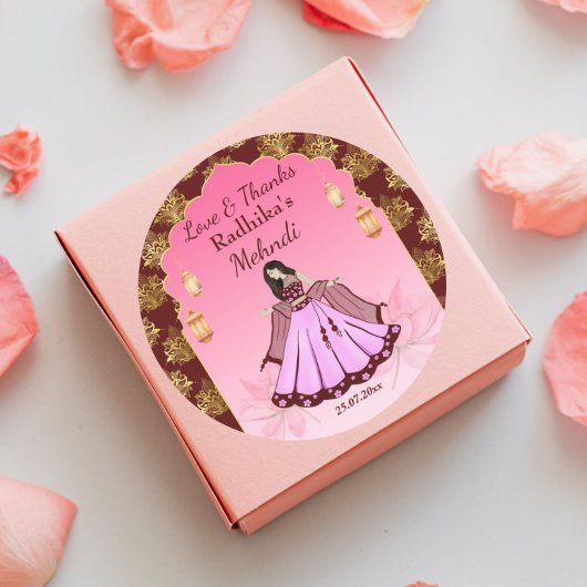 Sticker Rond Mehndi bordeaux rose or lotus indien mariage faveu