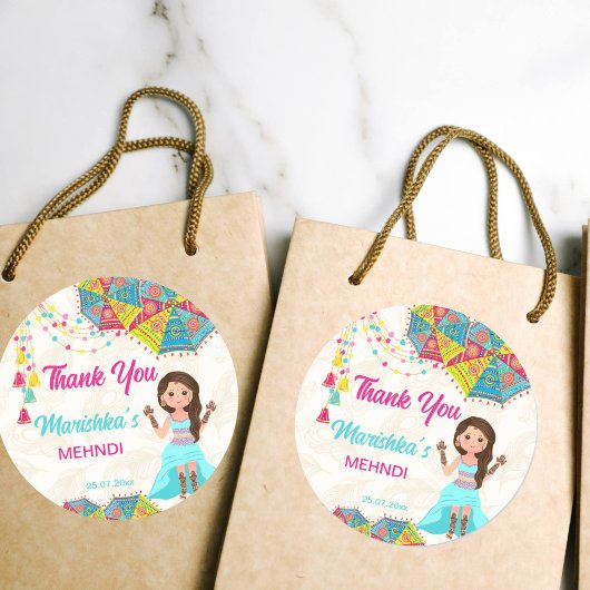 Sticker Rond Mehndi rose bleu mignon fille indienne merci pour