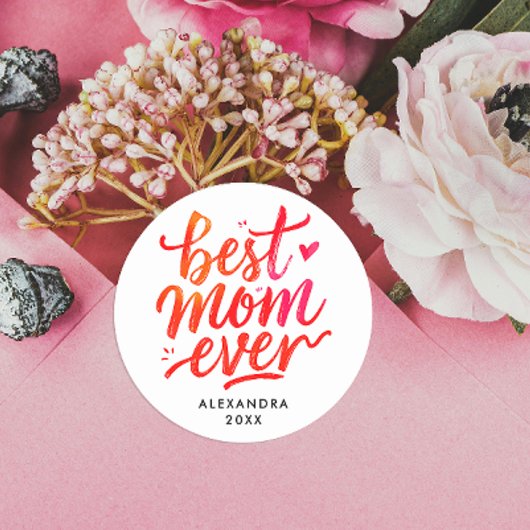 Sticker Rond Meilleure Maman du Monde en Calligraphie Rouge et 