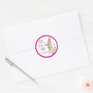 Sticker Rond Meilleure Maman Ever, Maman et bébé lapin rose Nom