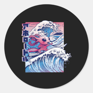 Sticker Rond Mélange d'art japonais Axolotl Surfant sur la Gran