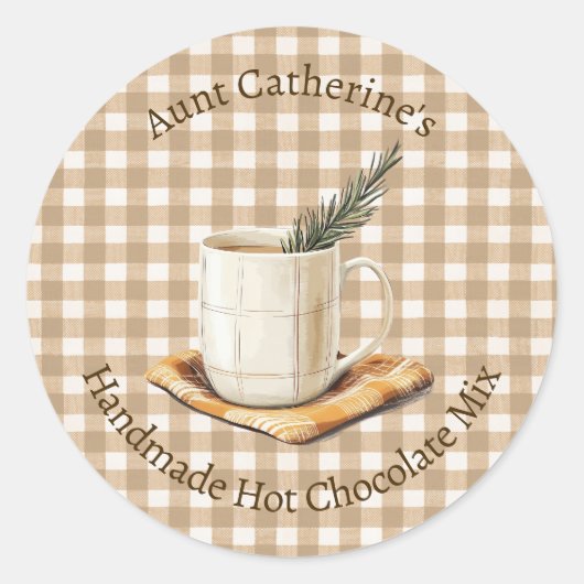Sticker Rond Mélange de Chocolat Chaud Rustique Noël Gingham Ma (Devant)