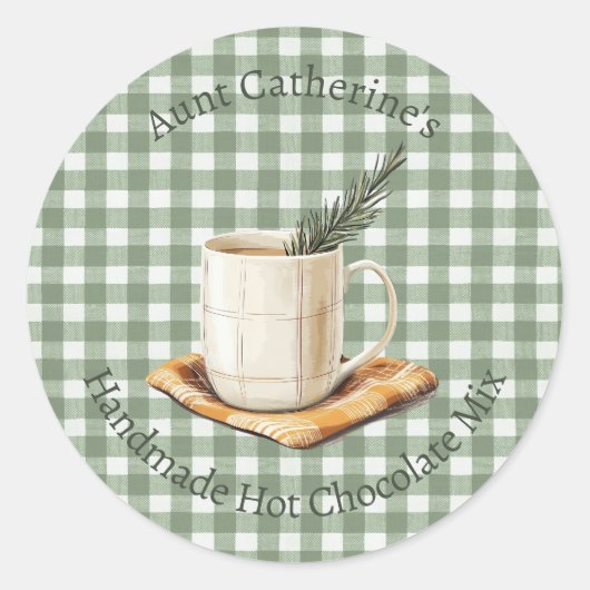Sticker Rond Mélange de Chocolat Chaud Rustique Noël Gingham Ve (Devant)