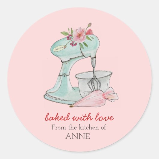 Sticker Rond Mélangeur de gâteaux "Cuit avec amour" rose (Devant)