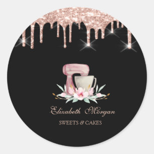 Sticker Rond Mélangeur Fleurs Rose Gold Drips Boulangerie Noir
