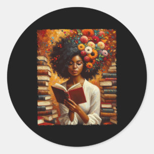 Sticker Rond Melanin Queen Afro Femmes instruites Lecture Livre