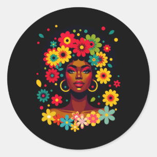 Sticker Rond Melanin super Femme Noire Avec Fleurs Afro Pride
