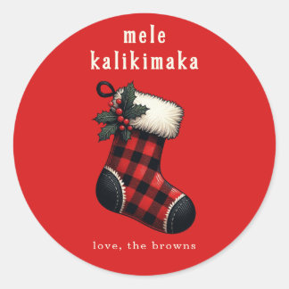 Sticker Rond Mele Kalikimaka Red & Black Plaid Stocking Holiday