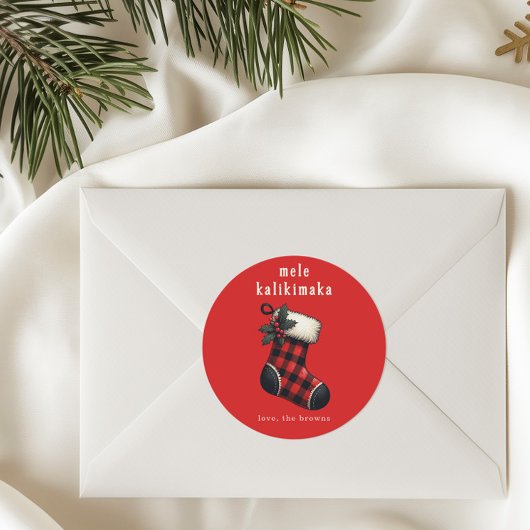 Sticker Rond Mele Kalikimaka Red & Black Plaid Stocking Holiday