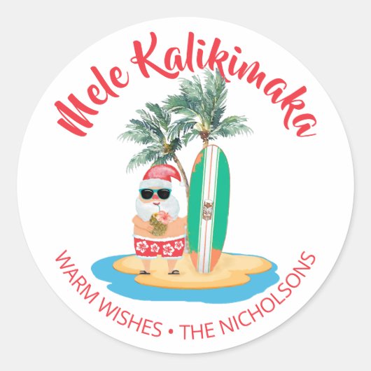 Sticker Rond Mele Kalikimaka Surfing tropical Père Noël Noël (Devant)
