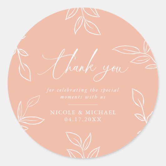 Sticker Rond Melon Pink Elegant Feuille Merci Mariage (Devant)