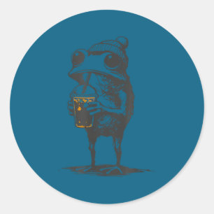 Sticker Rond Mème d'animal drôle grenouille buvant du café glac