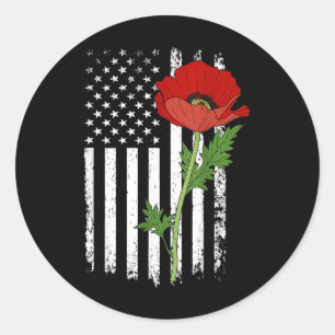 Sticker Rond Memorial Day Red Poppy American Flag Veteran Milit