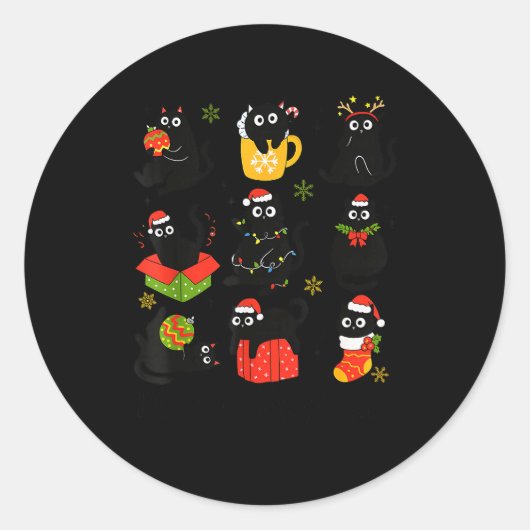 Sticker Rond Meow Christmas Xmas Lights Black Cat Pajamas Famil (Devant)