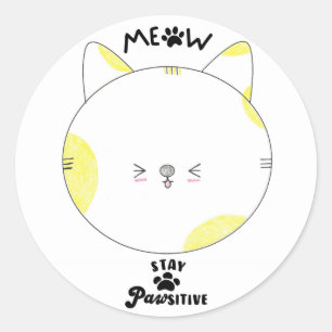 Sticker Rond Meow Rester Positif Posé Jaune Kawaii Chat