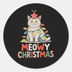 Sticker Rond MeowChristmas Funny Cute Chat Noël Lumières Fête